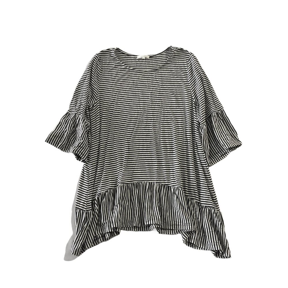Pleione Top Womens Size M Black White Stripe Ruffle Short Sleeve Knit USA Made